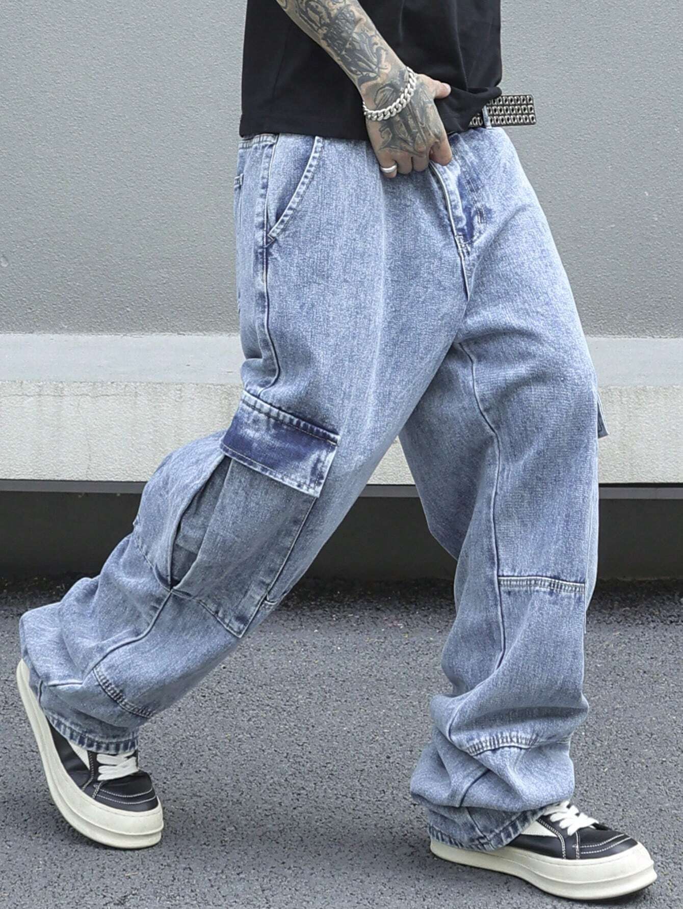 PAVTROS Calça Denim Cargo Masculina Folgada com Bolso Lateral de Aba