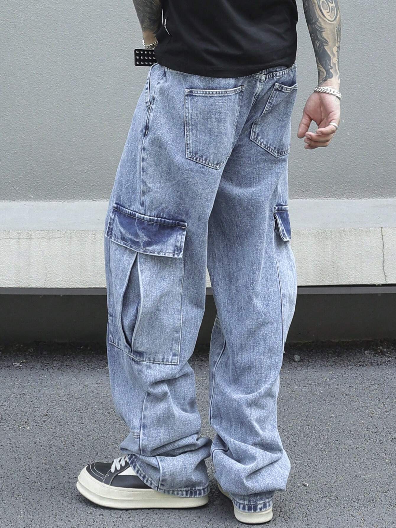 PAVTROS Calça Denim Cargo Masculina Folgada com Bolso Lateral de Aba