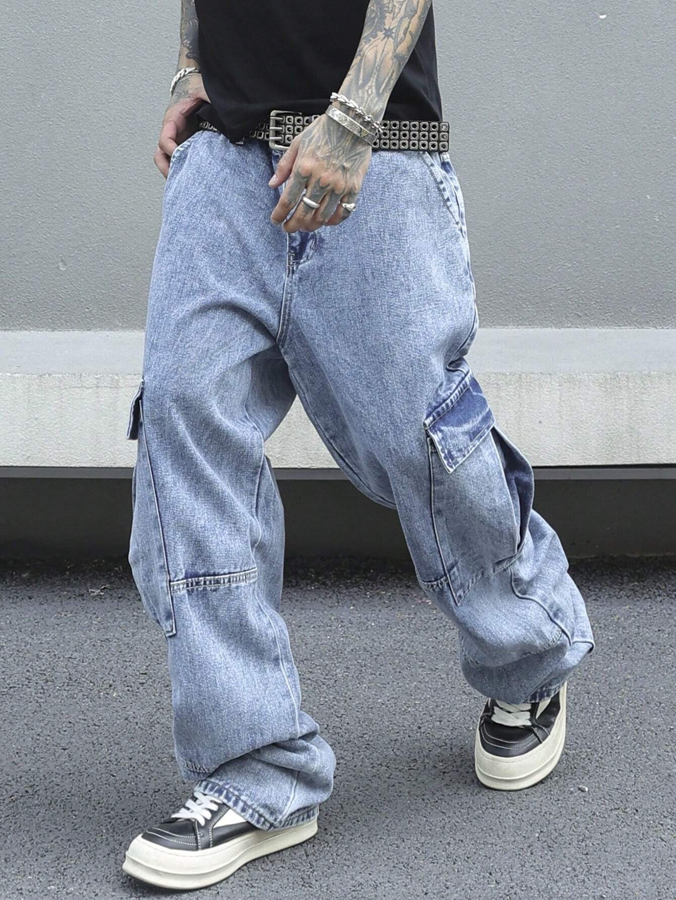 PAVTROS Calça Denim Cargo Masculina Folgada com Bolso Lateral de Aba