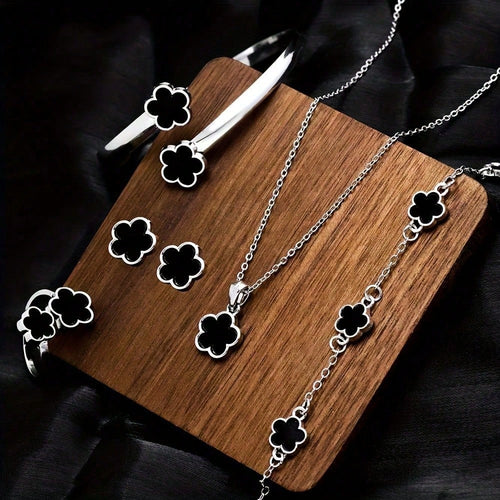 5 Peças, Colar Pingente Trevo, Pulseira, Brincos e Anel
