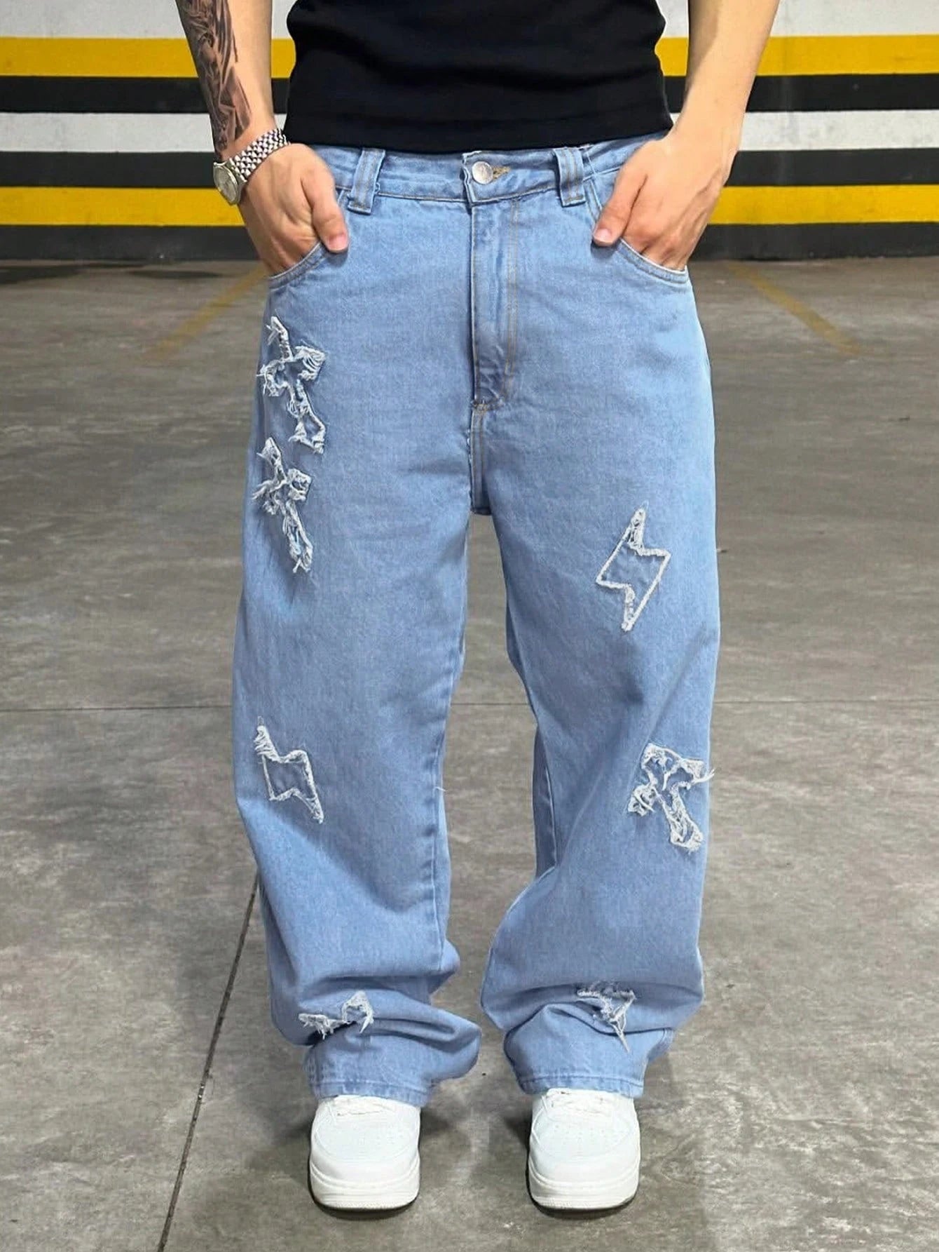 Denim Denim Sólidos de Cor Bordados com Estampa Cruzada de Rua, Estilo Casual de Rua Solto, Personalizado, Jovem, Esportivo, Faculdade, Reto, Todas as Estações, Estilo Gótico Grunge Y2K Masculino