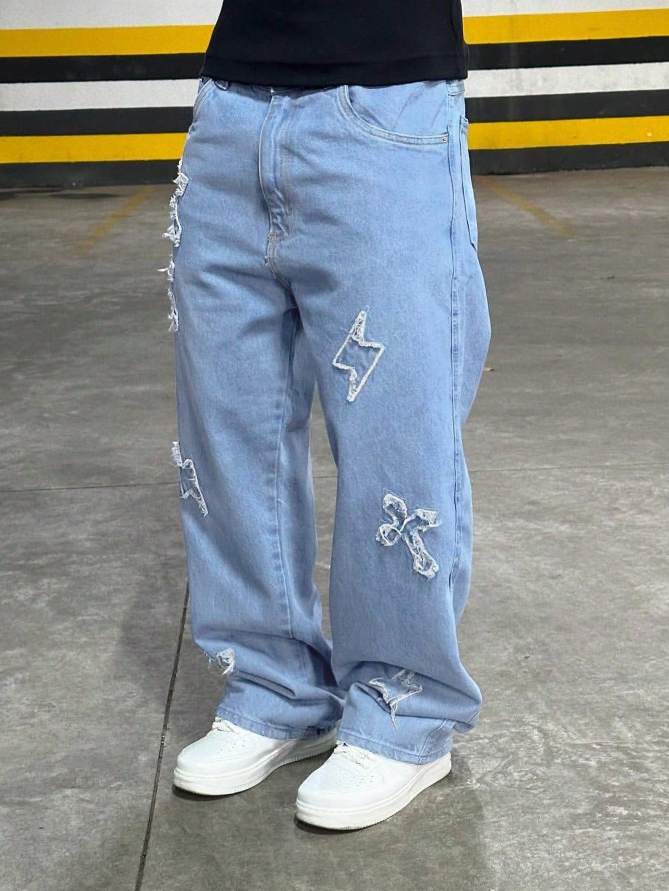 Denim Denim Sólidos de Cor Bordados com Estampa Cruzada de Rua, Estilo Casual de Rua Solto, Personalizado, Jovem, Esportivo, Faculdade, Reto, Todas as Estações, Estilo Gótico Grunge Y2K Masculino