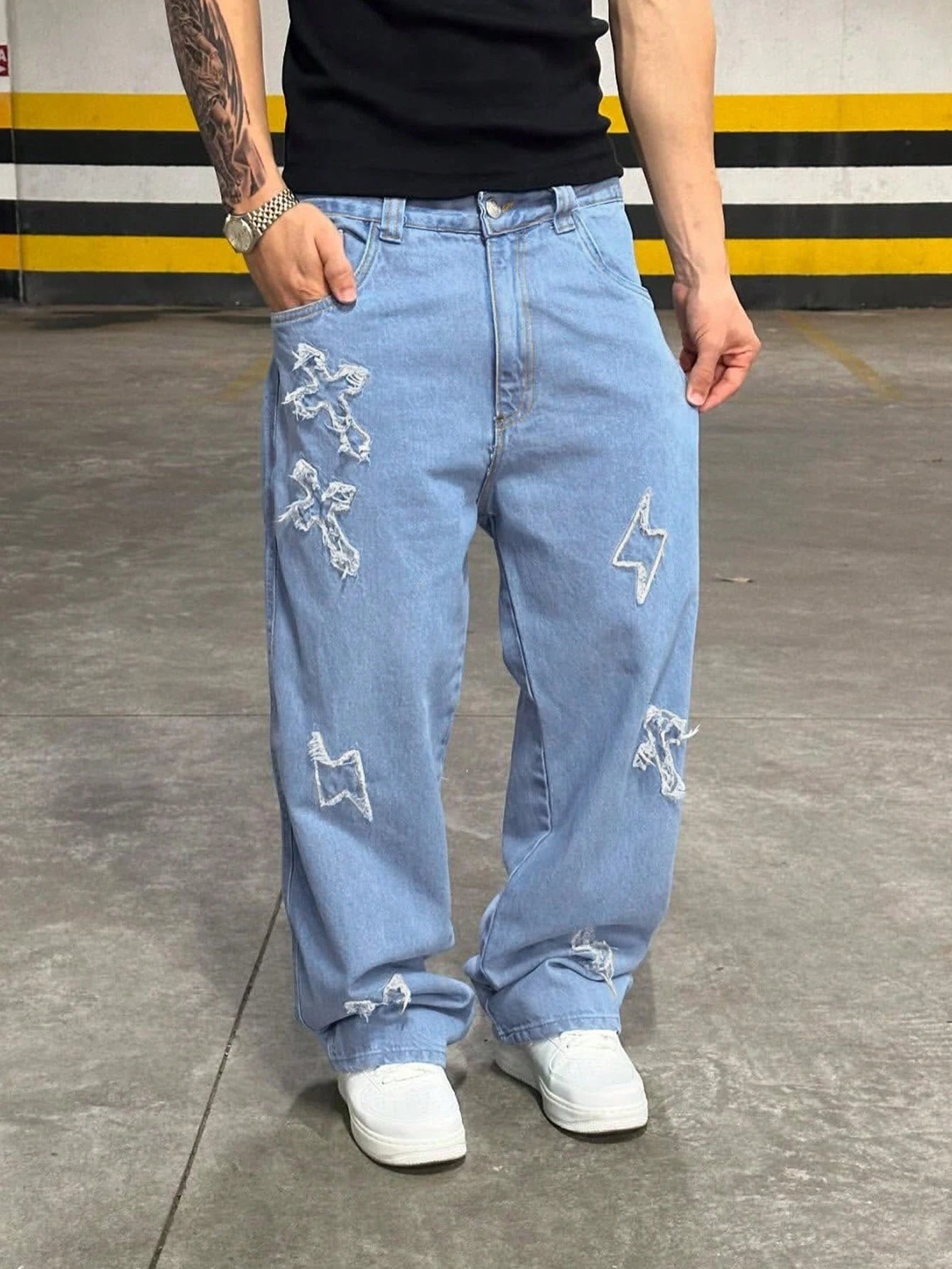 Denim Denim Sólidos de Cor Bordados com Estampa Cruzada de Rua, Estilo Casual de Rua Solto, Personalizado, Jovem, Esportivo, Faculdade, Reto, Todas as Estações, Estilo Gótico Grunge Y2K Masculino