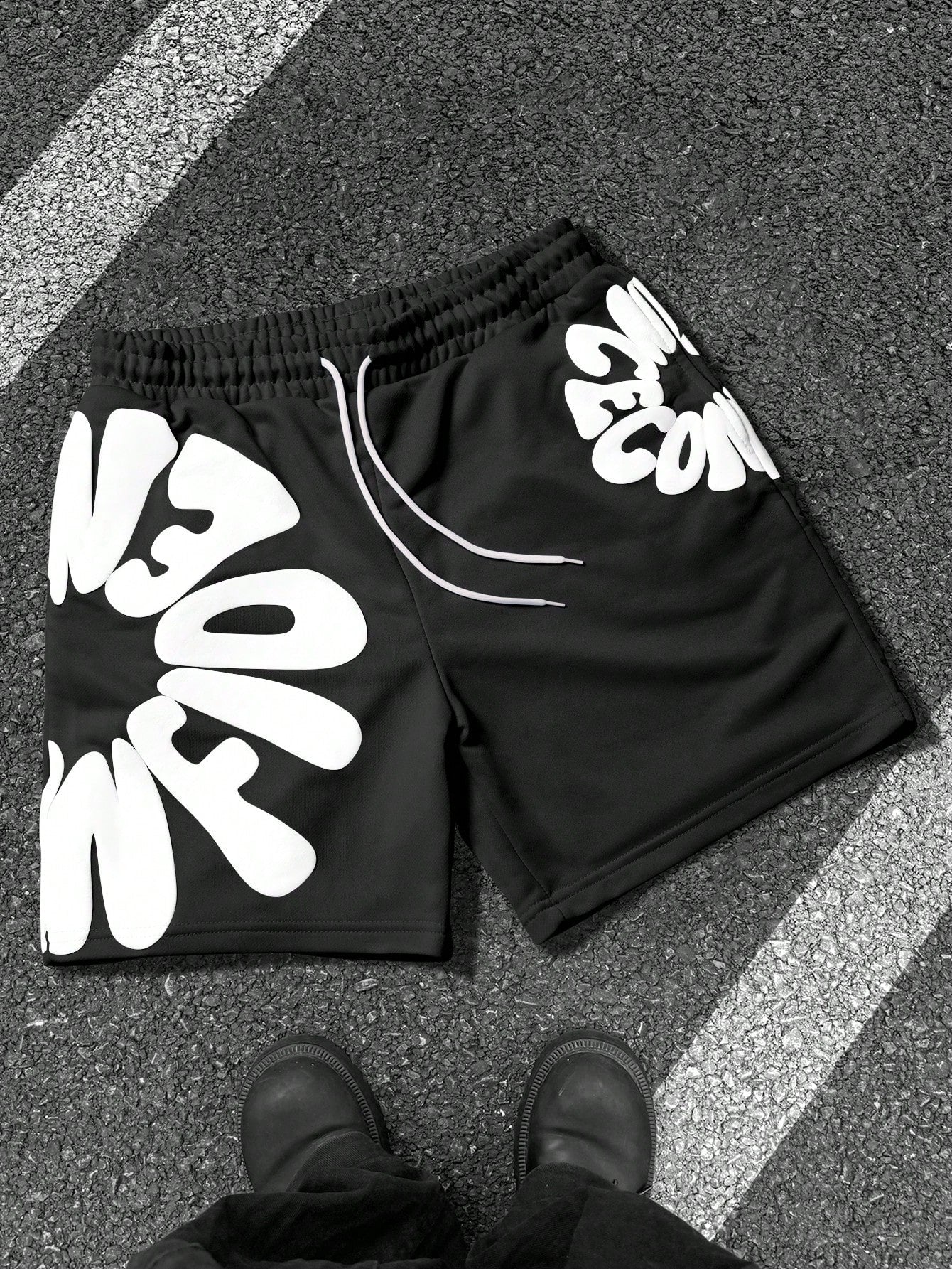 SLATEMANN Shorts Casual Solta com Cordão na Cintura e Estampa de Letras para Homens