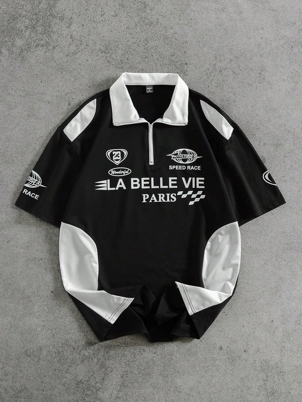 PAVTROS Camisa Polo Casual de Manga Curta com Estampa de Letra e Contraste de Cor para Homens