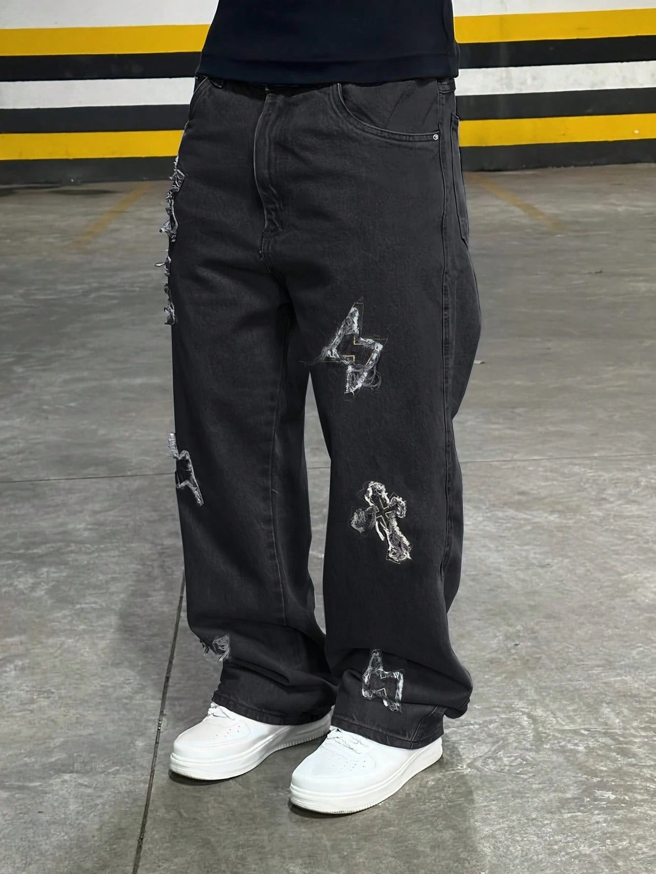 Denim Denim Sólidos de Cor Bordados com Estampa Cruzada de Rua, Estilo Casual de Rua Solto, Personalizado, Jovem, Esportivo, Faculdade, Reto, Todas as Estações, Estilo Gótico Grunge Y2K Masculino