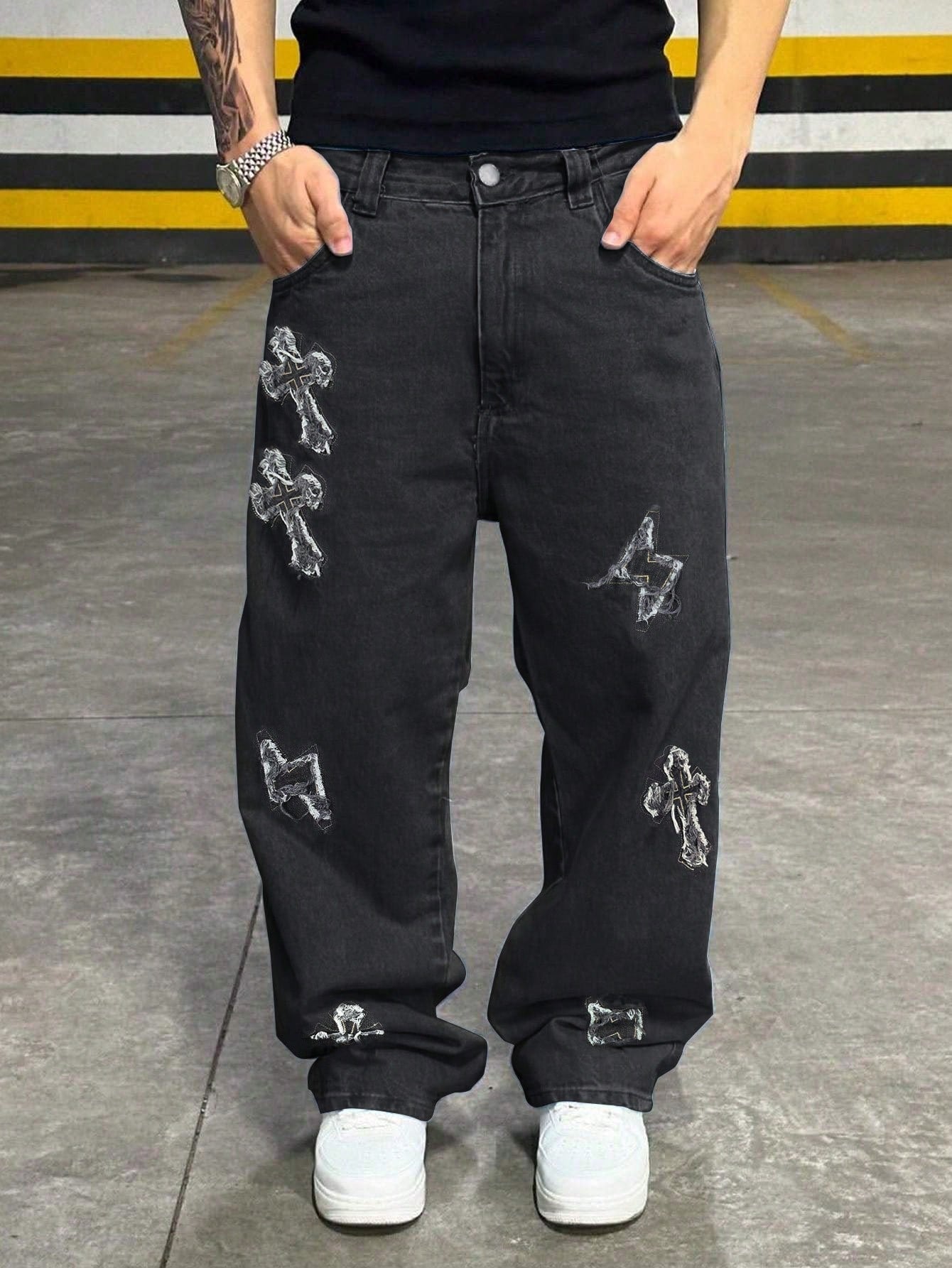 Denim Denim Sólidos de Cor Bordados com Estampa Cruzada de Rua, Estilo Casual de Rua Solto, Personalizado, Jovem, Esportivo, Faculdade, Reto, Todas as Estações, Estilo Gótico Grunge Y2K Masculino