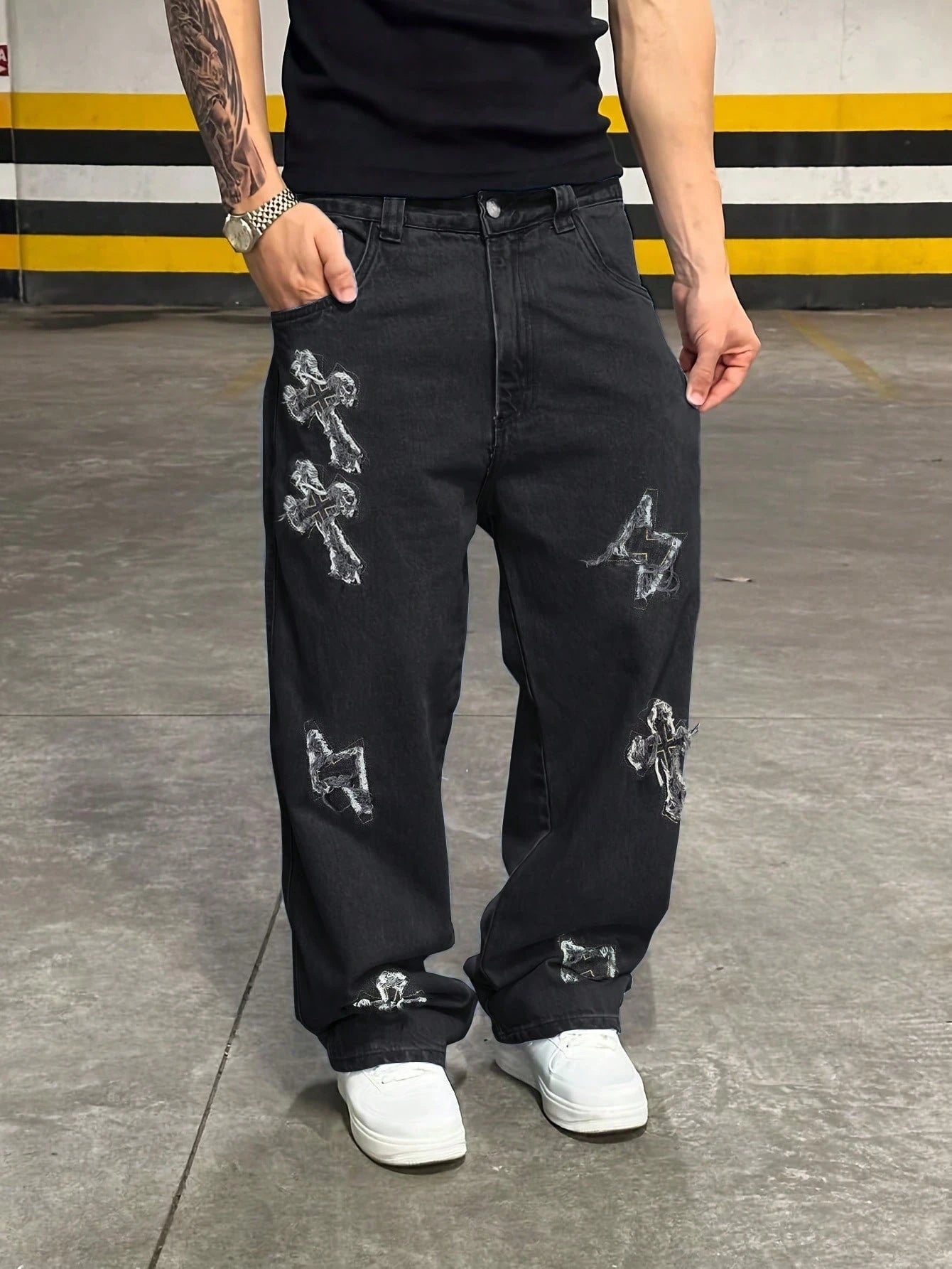 Denim Denim Sólidos de Cor Bordados com Estampa Cruzada de Rua, Estilo Casual de Rua Solto, Personalizado, Jovem, Esportivo, Faculdade, Reto, Todas as Estações, Estilo Gótico Grunge Y2K Masculino