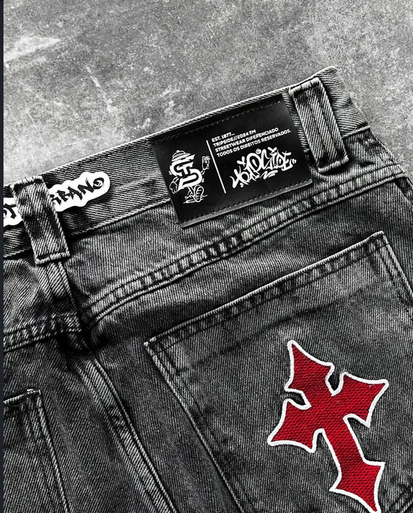 Calça Baggy Balão Cruz Vermelha Estonada Jeans Cinza Marmorizado