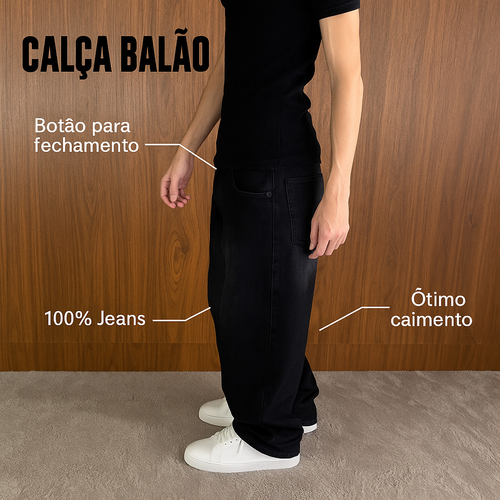 Calça Balão Premium Preta Edição Limitada Baggy Streetwear, Larga 100% Jeans de Rua – Do 36 ao 48